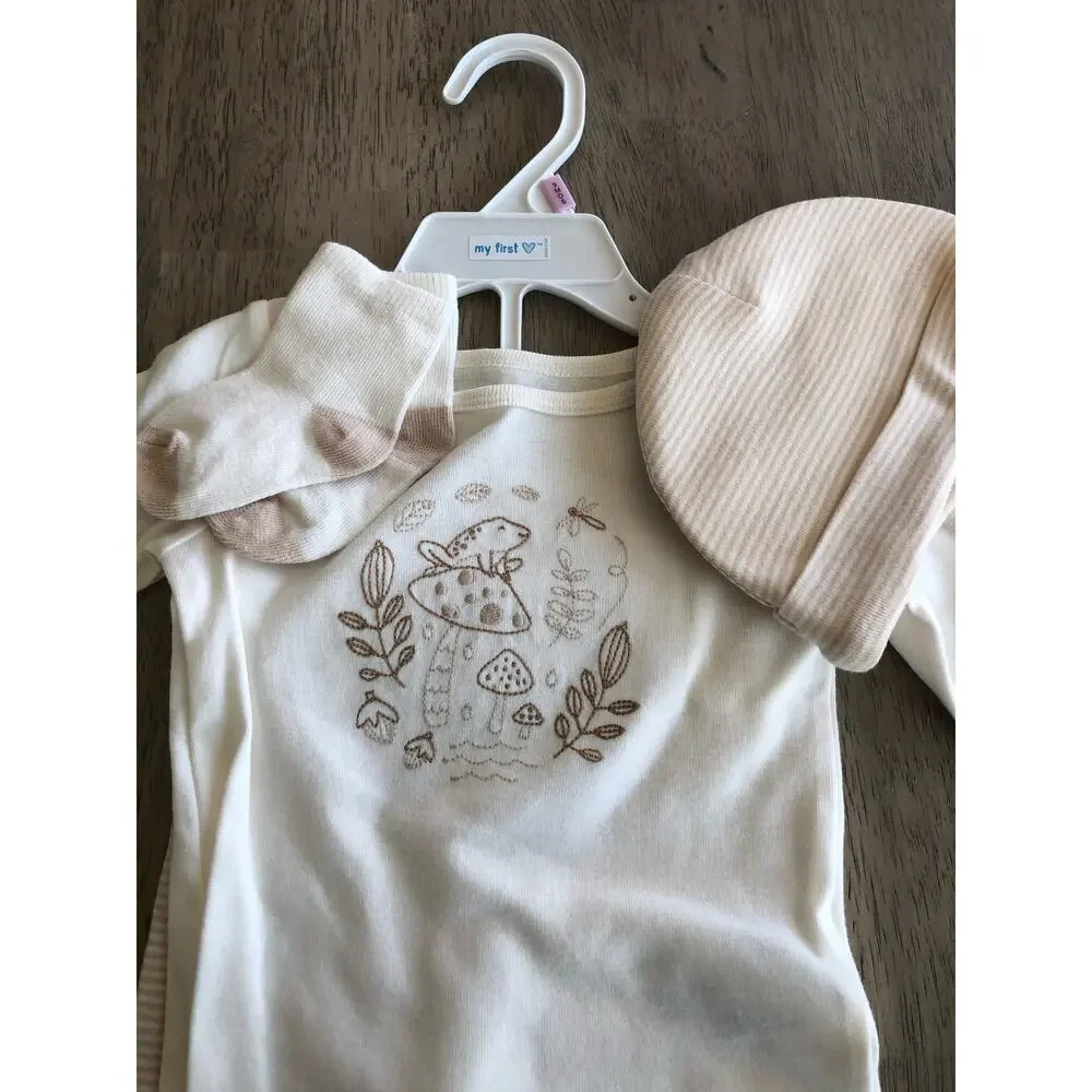 Carters Frog and Toadstool Embroidered Three Piece Tan and Cream Set - 9M